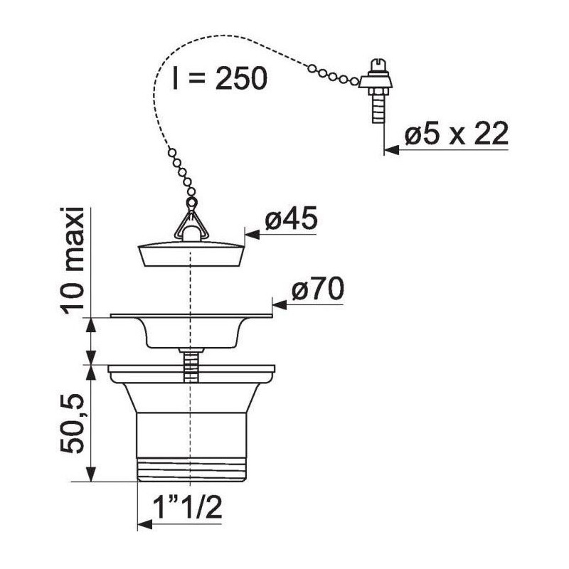 Bonde inox à bouchon plastique pour évier Ø 70 mm