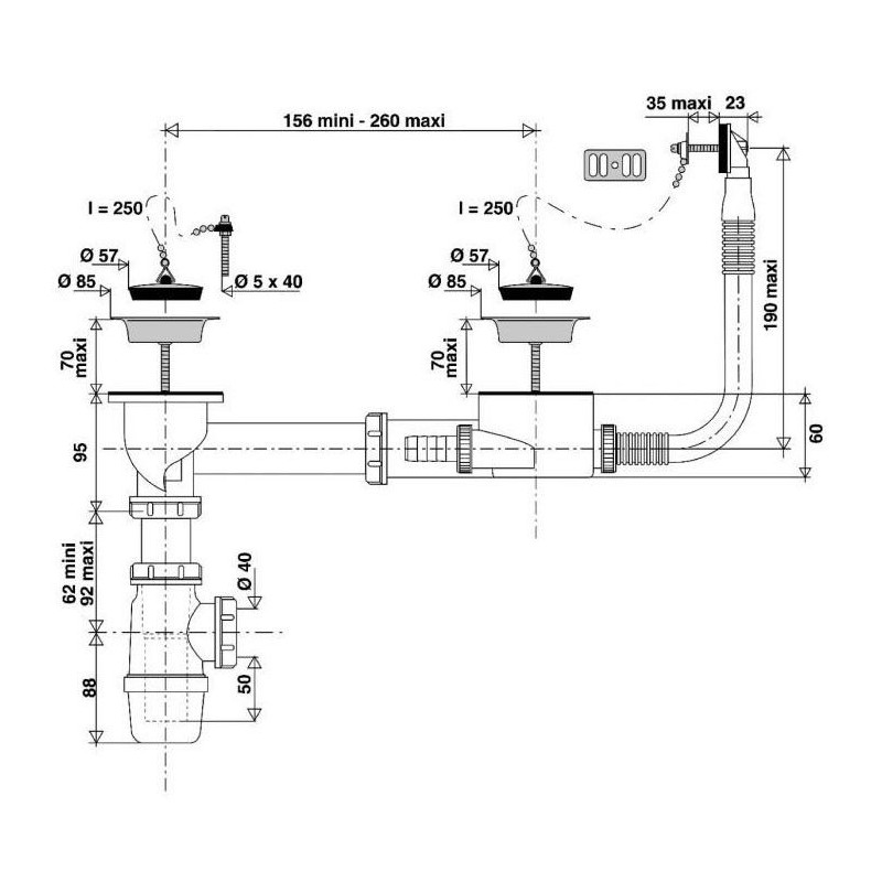 Ensemble 2 bondes et trop-plein latéral  - Évacuation Ø60