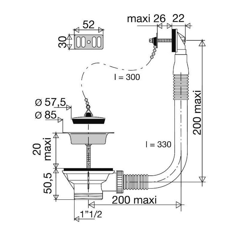Bonde à bouchon et trop-plein latéral  - Évacuation Ø60