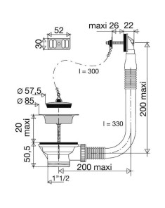 Bonde à bouchon et trop-plein latéral  - Évacuation Ø60