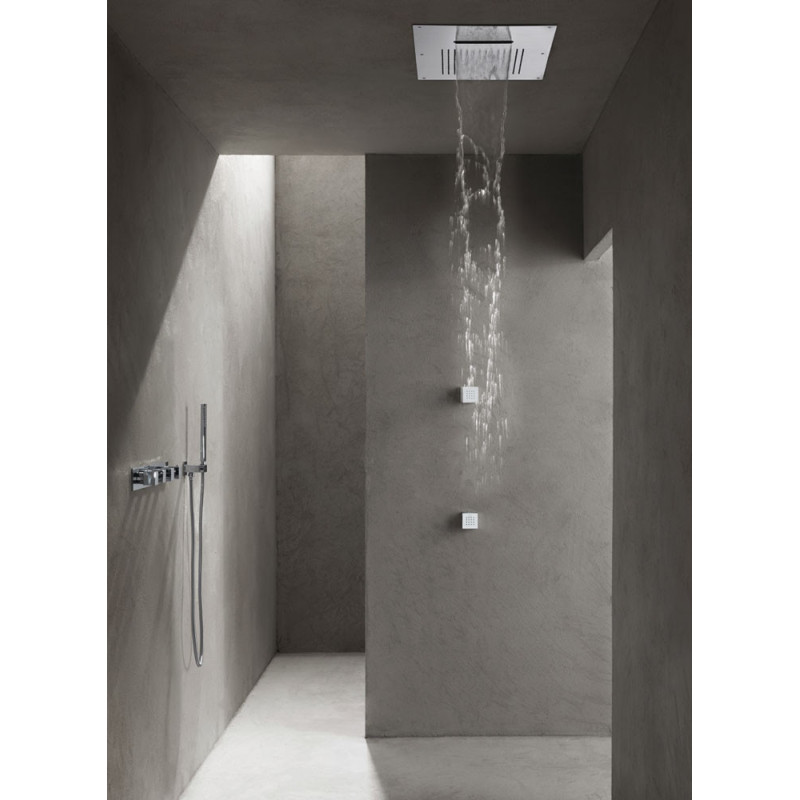 Pomme de douche plafond à encastrer 43x43 cm en inox, jet pluie